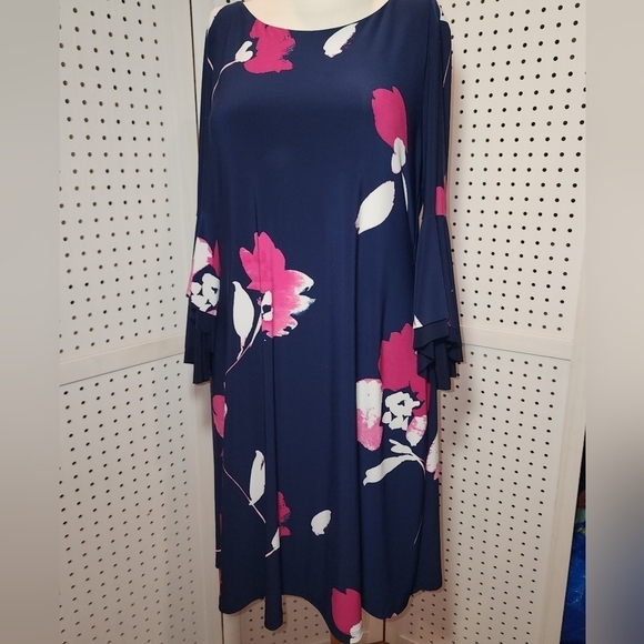Lauren Ralph Lauren Navy Blue Floral Printed A-Line 3/4 Bell Sleeves 8 - Picture 10 of 12